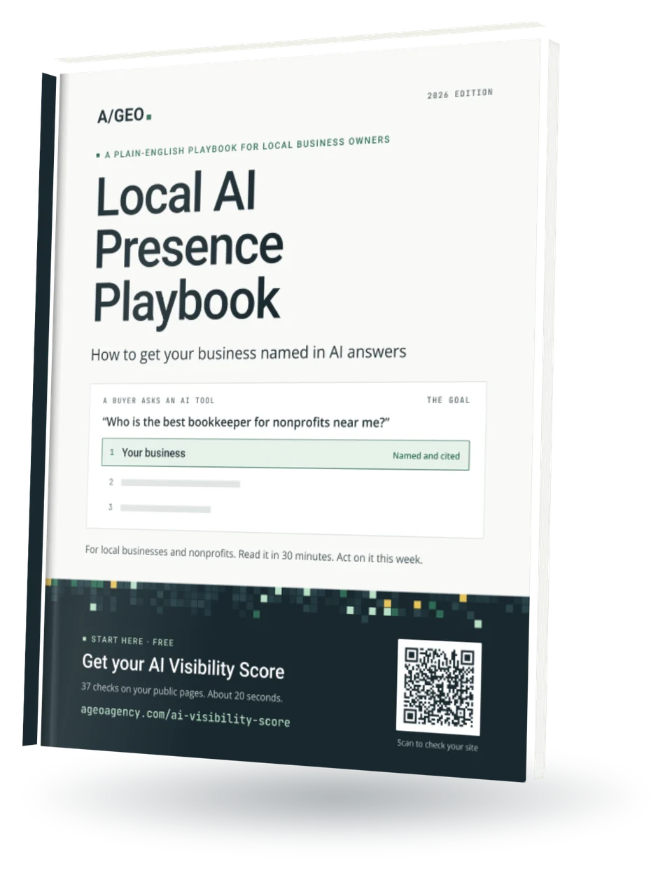 The Local AI Presence Playbook from A/GEO, shown as a printed book. The cover shows a buyer question to an AI tool, with your business named first.