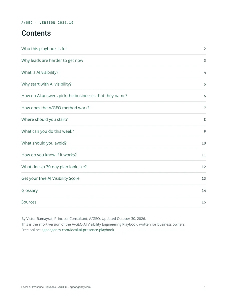 The contents page of the Local AI Presence Playbook, with 14 sections from Who this playbook is for to Sources.