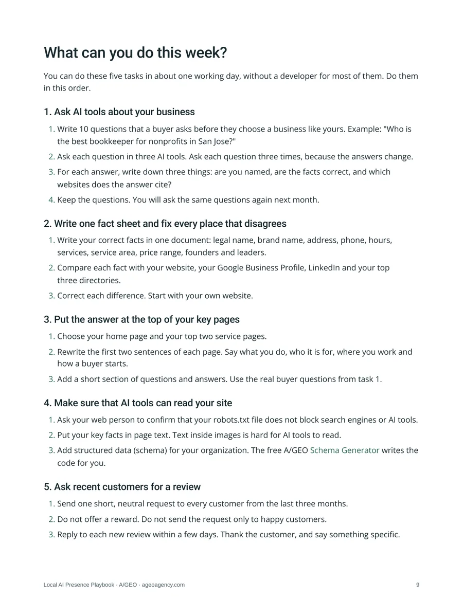 Page 9, What can you do this week: five tasks with numbered steps.